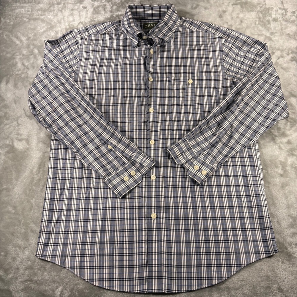 Orvis Mens Blue White Plaid Long Sleeve Button Down Cotton Shirt Size Medium